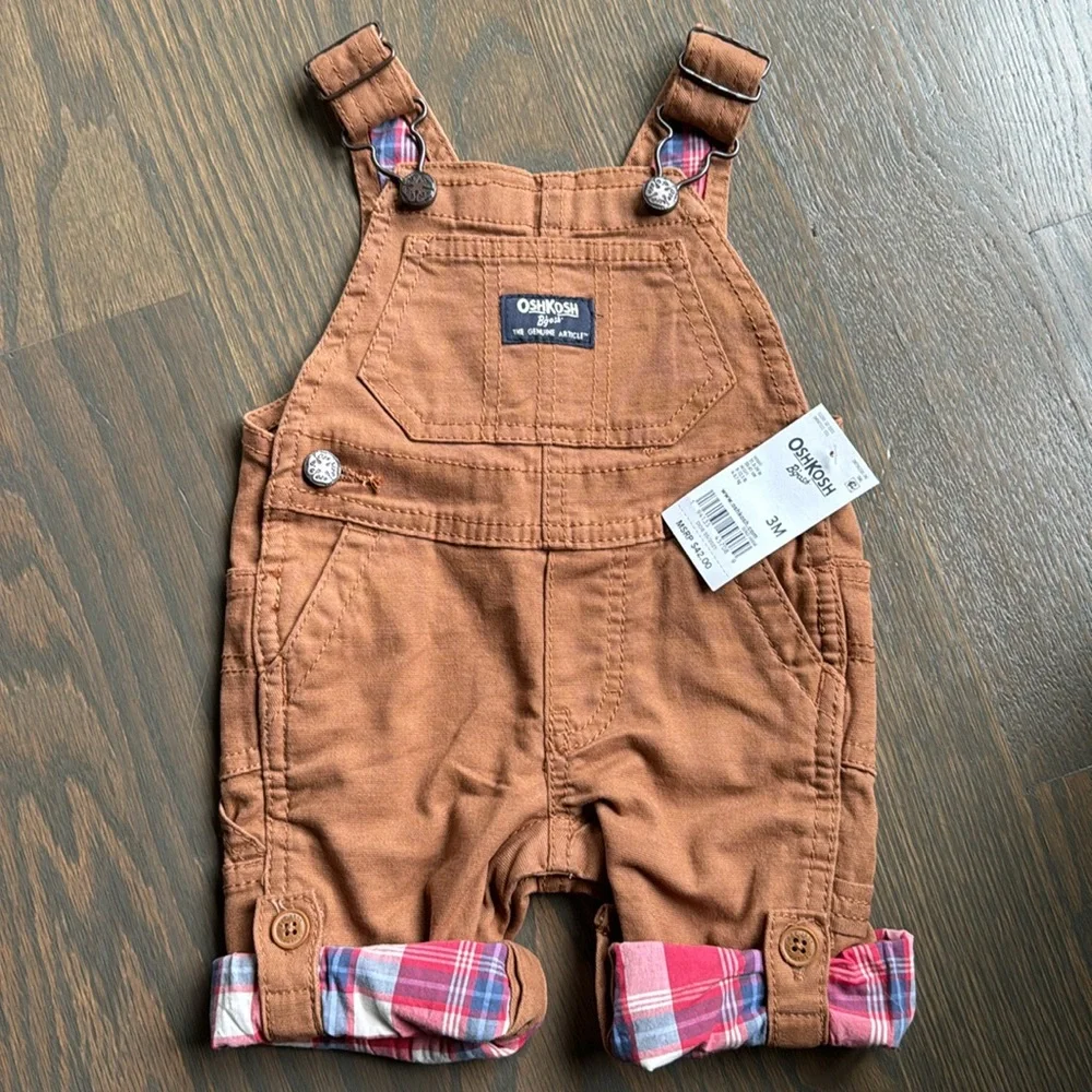 NWT OshKosh B’gosh Brown Plaid Cuff Short Overalls 3M Baby Romper